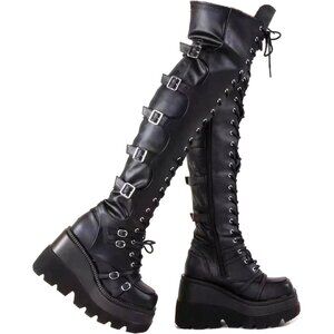 Women Black Faux Leather Over Knee Thigh High Goth Buckles Side Zip Lace Boots